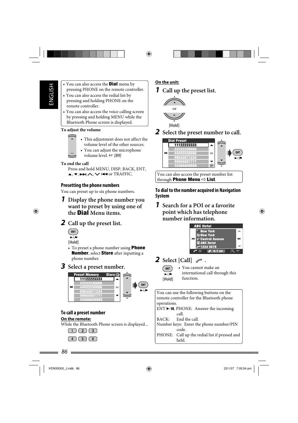 English 86, Call up the preset list, Select the preset number to call | Select [call, Select a preset number | JVC KD-NX5000- User Manual | Page 86 / 357