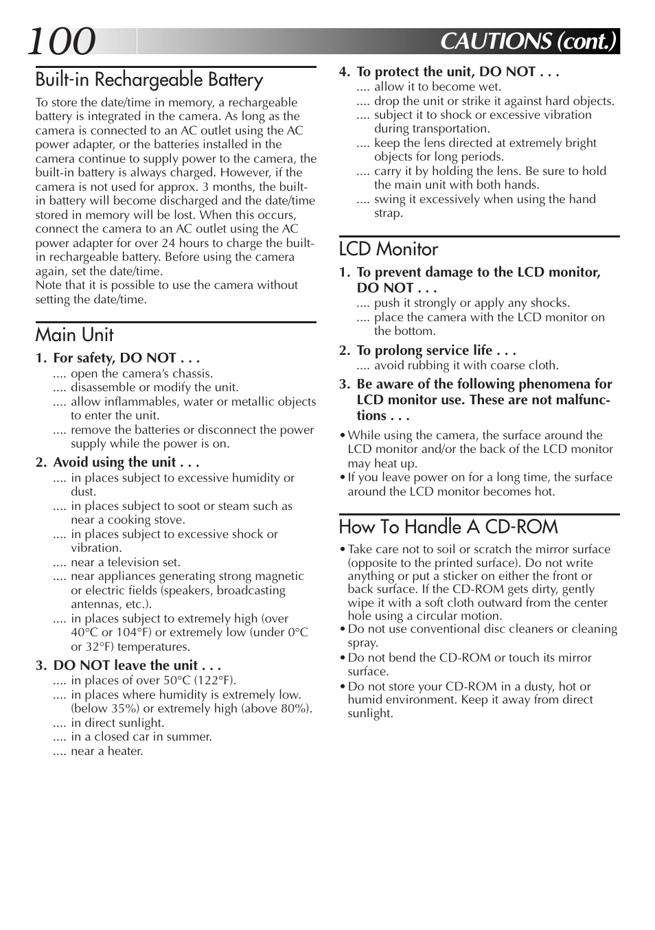 Cautions (cont.), Built-in rechargeable battery, Main unit | Lcd monitor, How to handle a cd-rom | JVC GC-QX3HD User Manual | Page 100 / 104