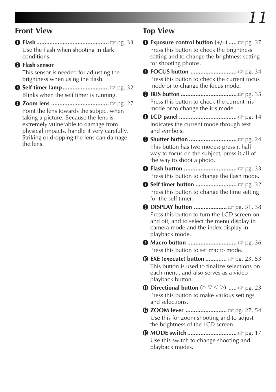 Front view, Top view | JVC GC-QX3HD User Manual | Page 11 / 104