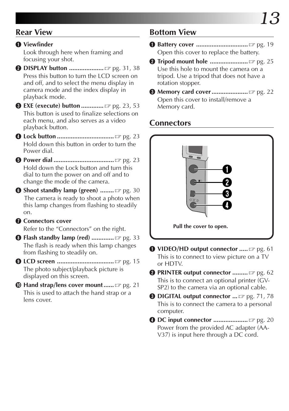 Rear view, Bottom view, Connectors | JVC GC-QX3HD User Manual | Page 13 / 104