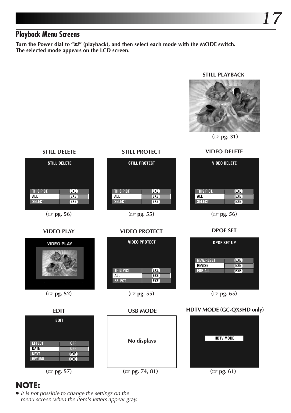 Playback menu screens | JVC GC-QX3HD User Manual | Page 17 / 104