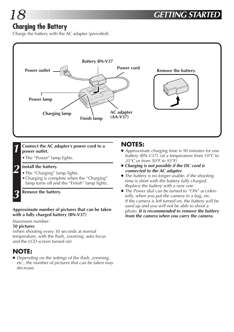 Getting started, Charging the battery | JVC GC-QX3HD User Manual | Page 18 / 104