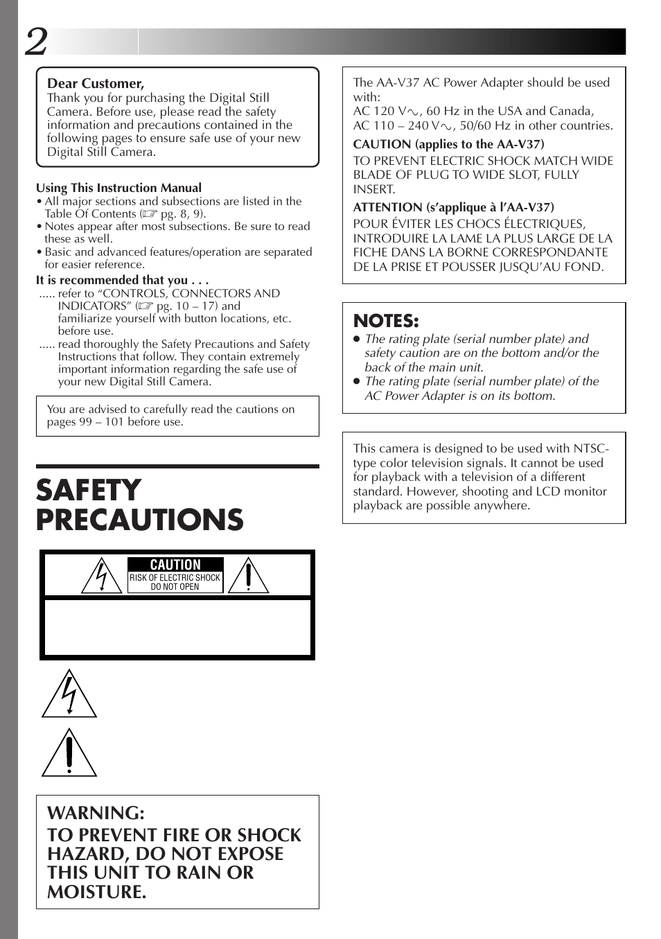 Safety, Safety precautions | JVC GC-QX3HD User Manual | Page 2 / 104