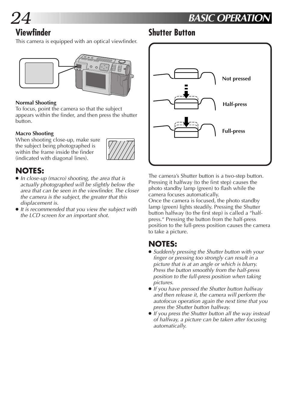 Basic operation, Shutter button, Viewfinder | JVC GC-QX3HD User Manual | Page 24 / 104