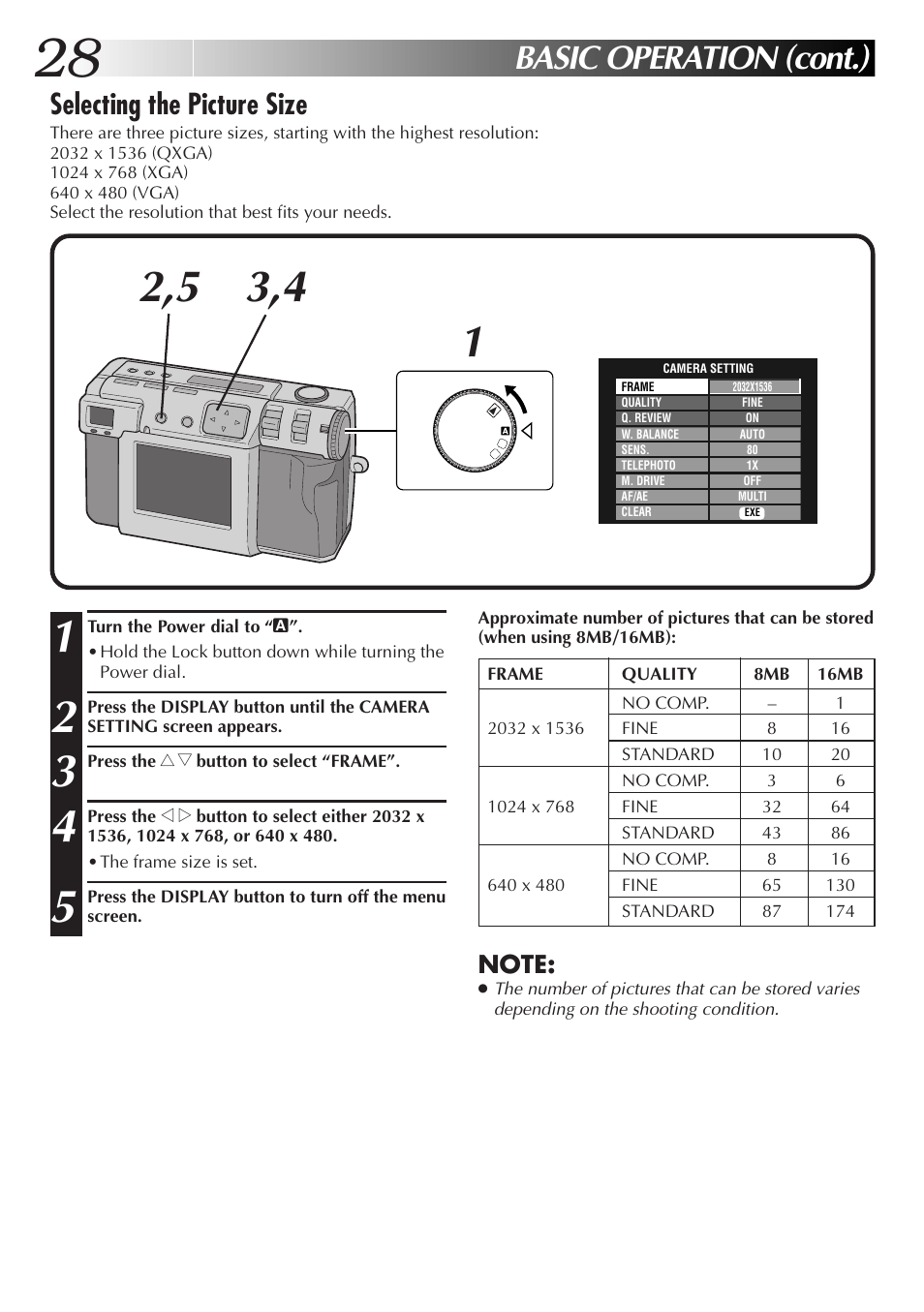 Basic operation (cont.), Selecting the picture size | JVC GC-QX3HD User Manual | Page 28 / 104