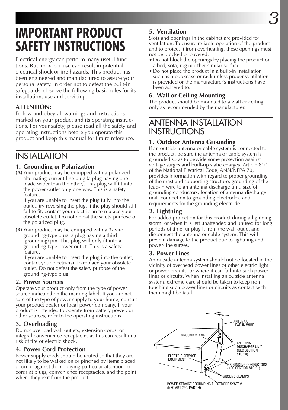 Important product, Important product safety instructions, Antenna installation instructions | Installation | JVC GC-QX3HD User Manual | Page 3 / 104