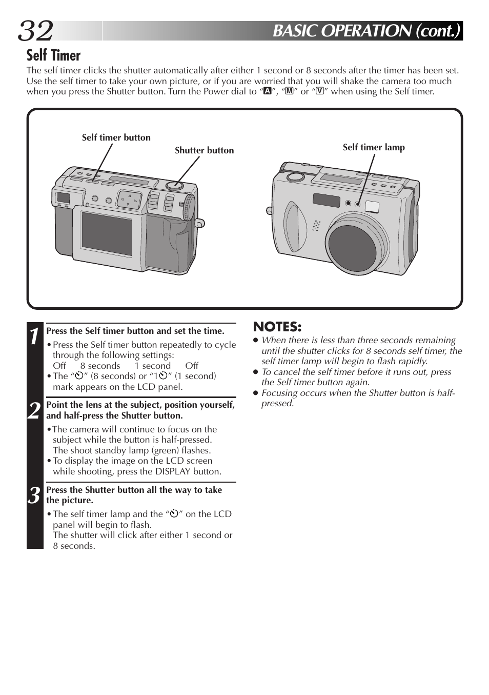 Basic operation (cont.), Self timer | JVC GC-QX3HD User Manual | Page 32 / 104