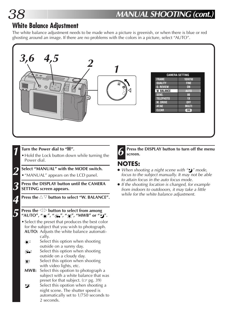 Manual shooting (cont.), White balance adjustment | JVC GC-QX3HD User Manual | Page 38 / 104