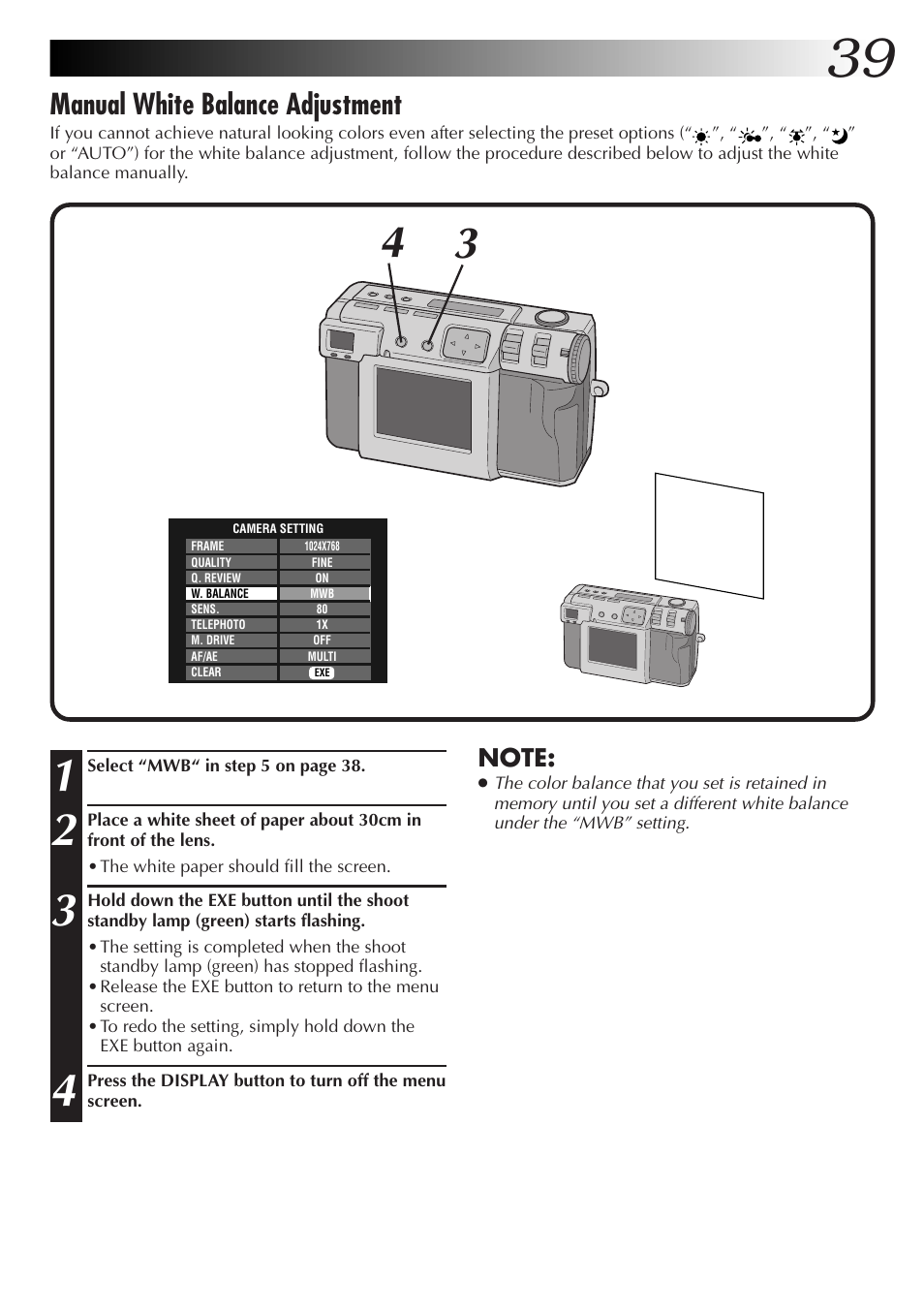 Manual white balance adjustment | JVC GC-QX3HD User Manual | Page 39 / 104