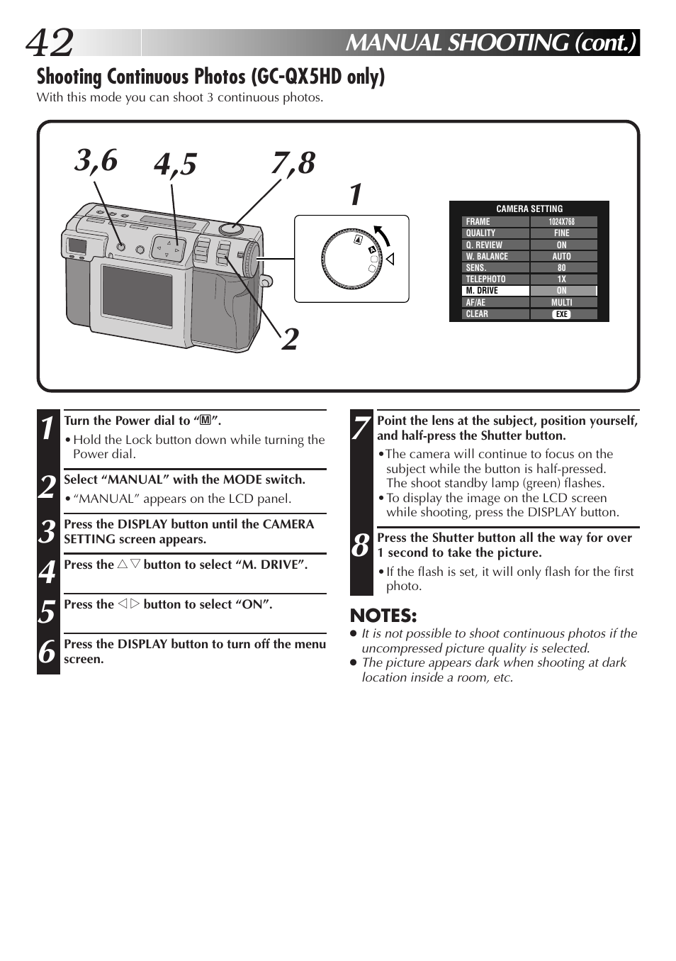 Manual shooting (cont.), Shooting continuous photos (gc-qx5hd only) | JVC GC-QX3HD User Manual | Page 42 / 104