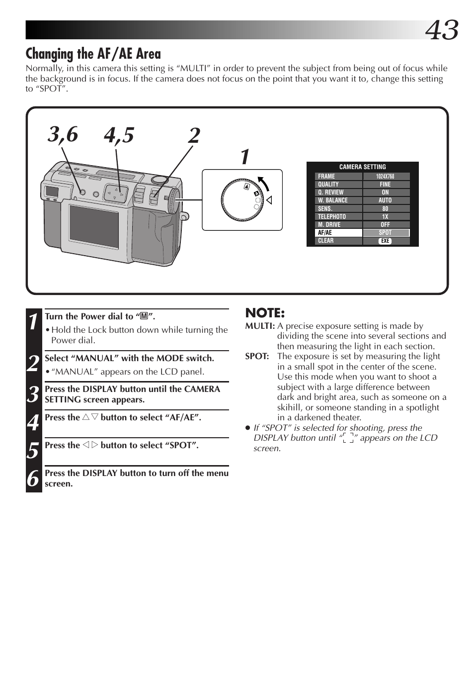 Changing the af/ae area | JVC GC-QX3HD User Manual | Page 43 / 104