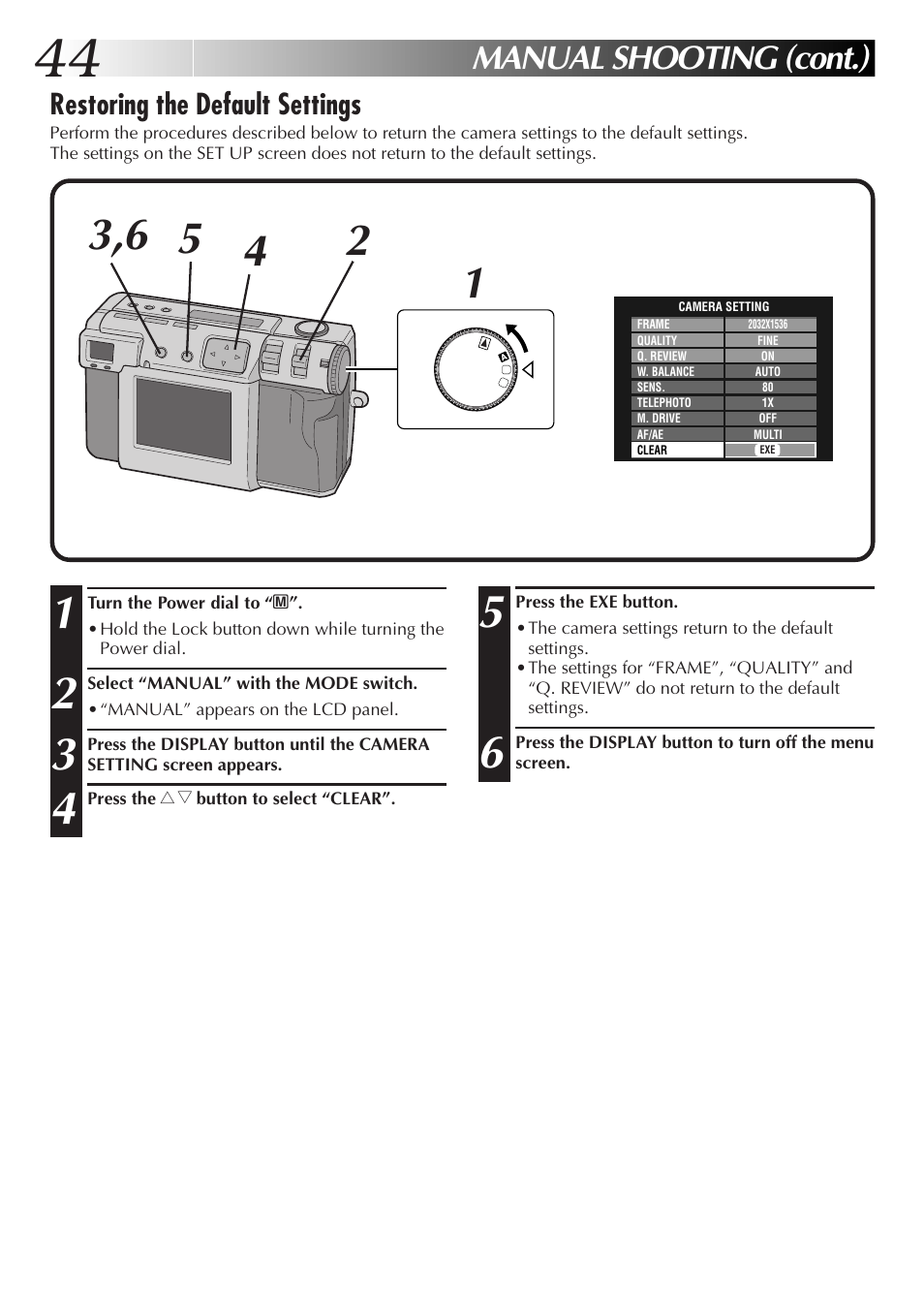 Manual shooting (cont.), Restoring the default settings | JVC GC-QX3HD User Manual | Page 44 / 104