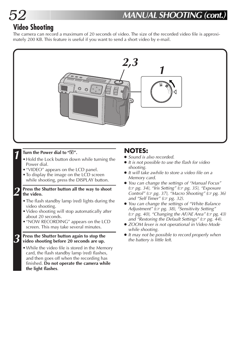 Manual shooting (cont.), Video shooting | JVC GC-QX3HD User Manual | Page 52 / 104