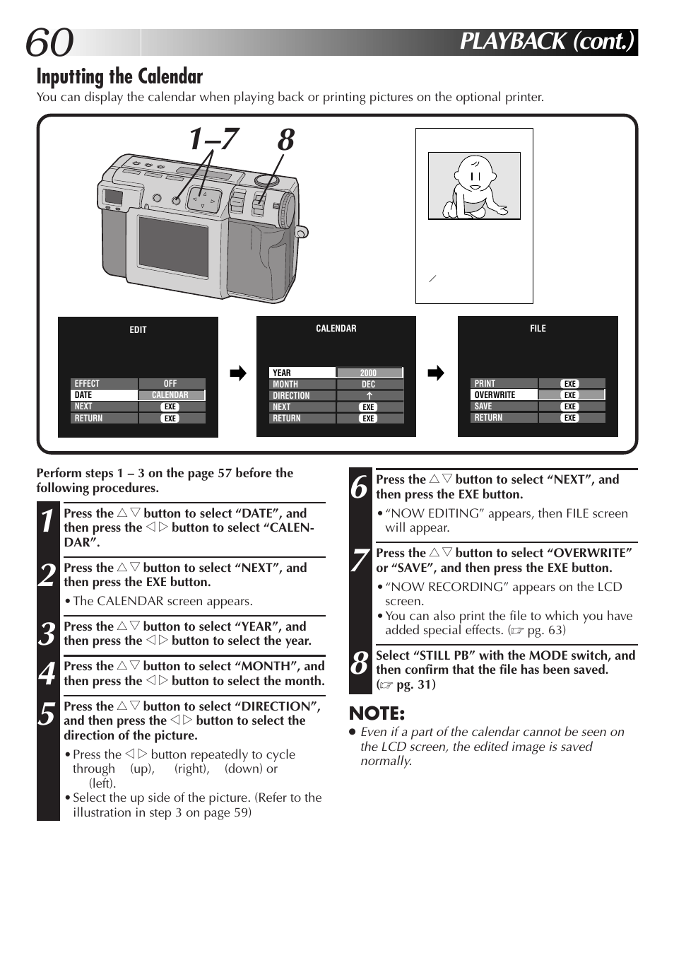 Playback (cont.), Inputting the calendar | JVC GC-QX3HD User Manual | Page 60 / 104