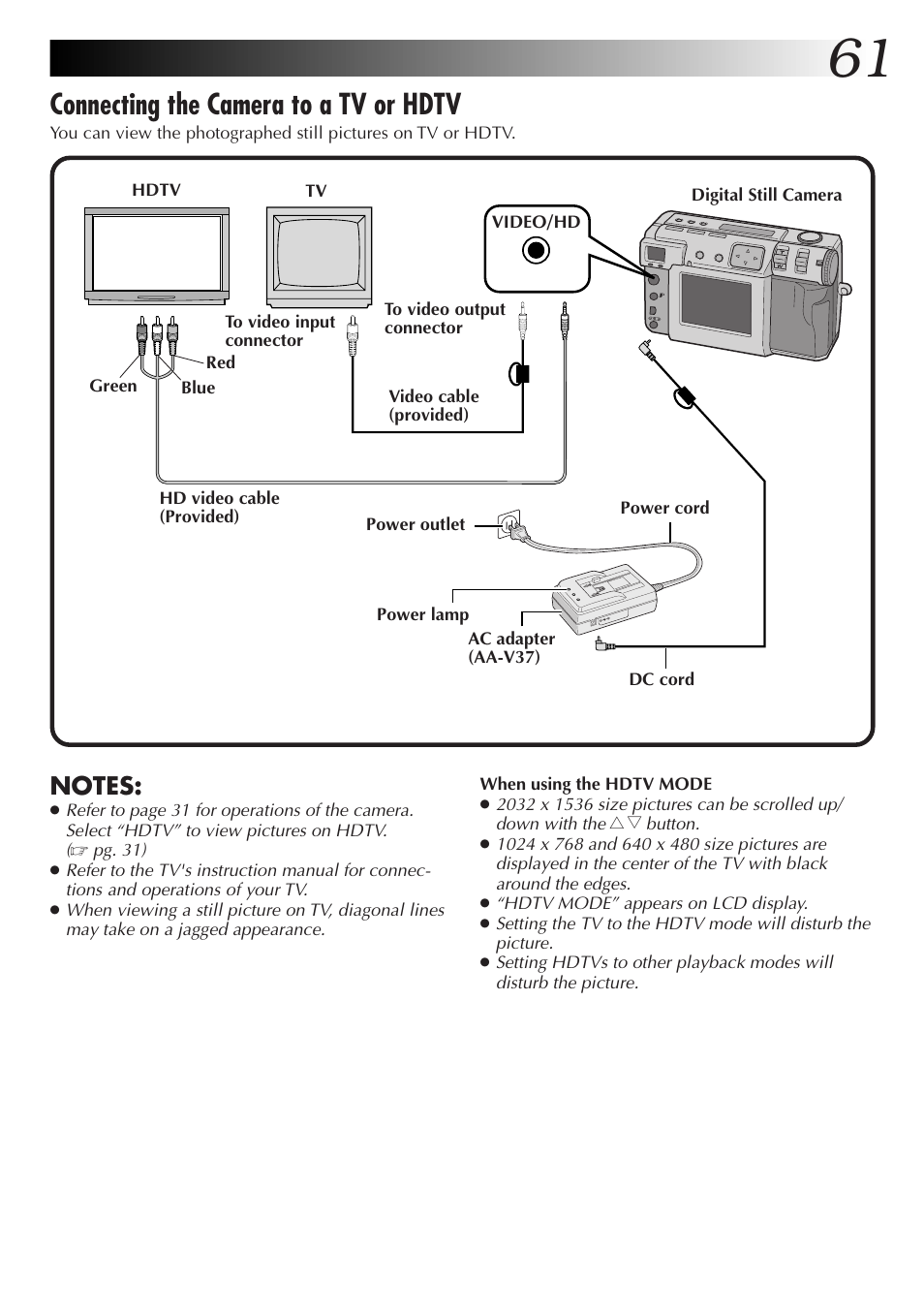 Connecting the camera to a tv or hdtv | JVC GC-QX3HD User Manual | Page 61 / 104