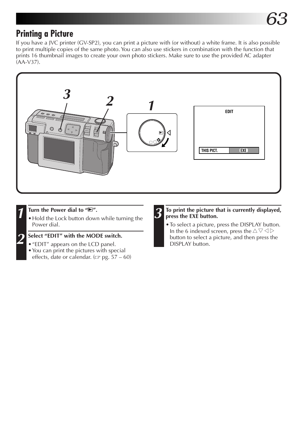 Printing a picture | JVC GC-QX3HD User Manual | Page 63 / 104