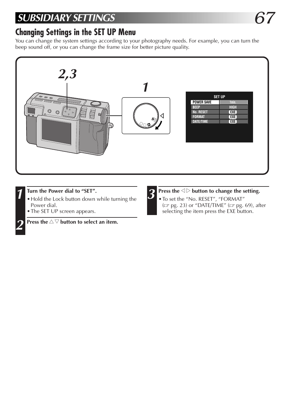 Subsidiary settings, Changing settings in the set up menu | JVC GC-QX3HD User Manual | Page 67 / 104