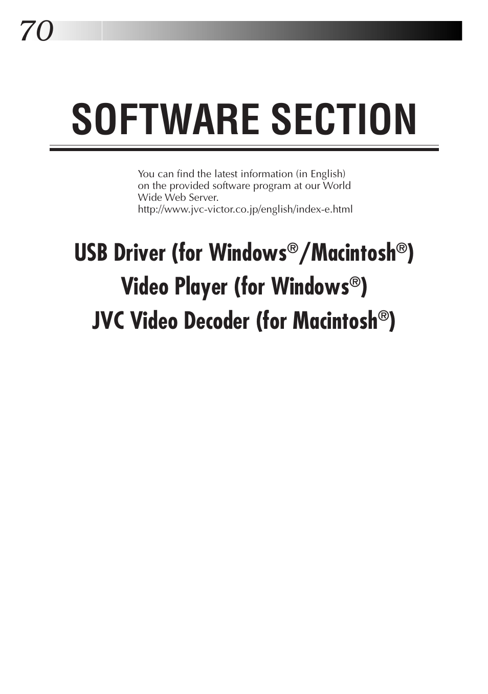 Software section, Usb driver (for windows, Macintosh | Video player (for windows, Jvc video decoder (for macintosh | JVC GC-QX3HD User Manual | Page 70 / 104