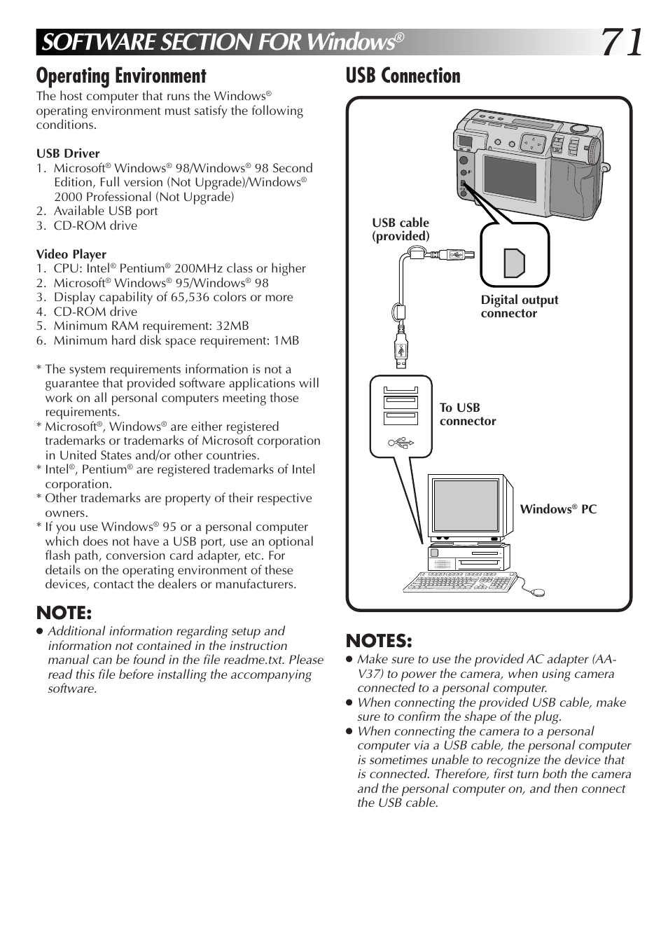 Software section for windows, Operating environment, Usb connection | JVC GC-QX3HD User Manual | Page 71 / 104