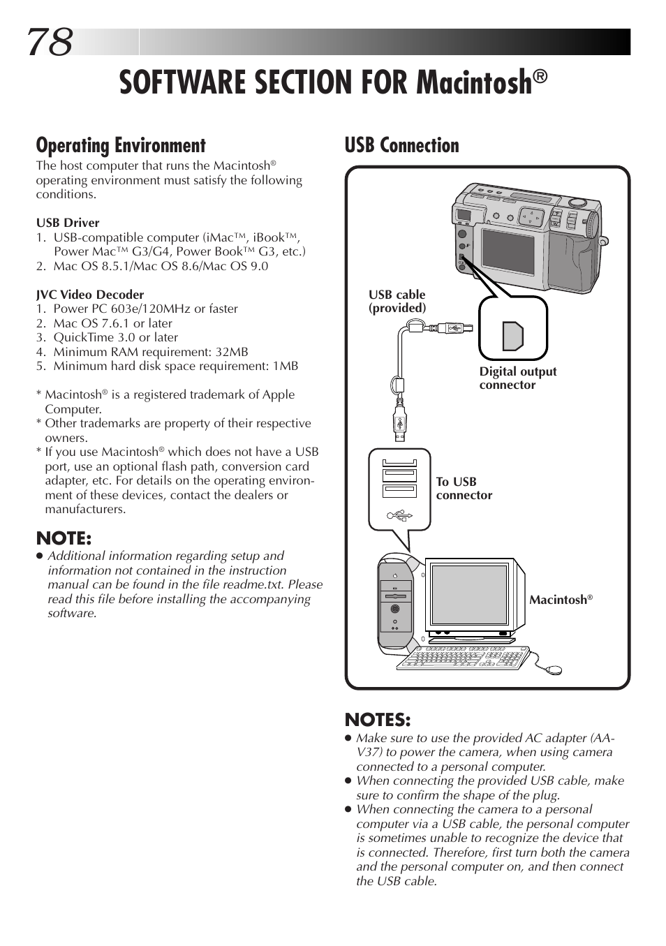 Software section for macintosh, Operating environment, Usb connection | JVC GC-QX3HD User Manual | Page 78 / 104