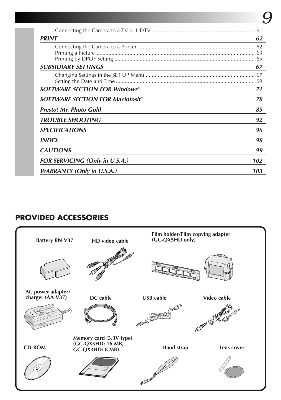 Provided accessories | JVC GC-QX3HD User Manual | Page 9 / 104