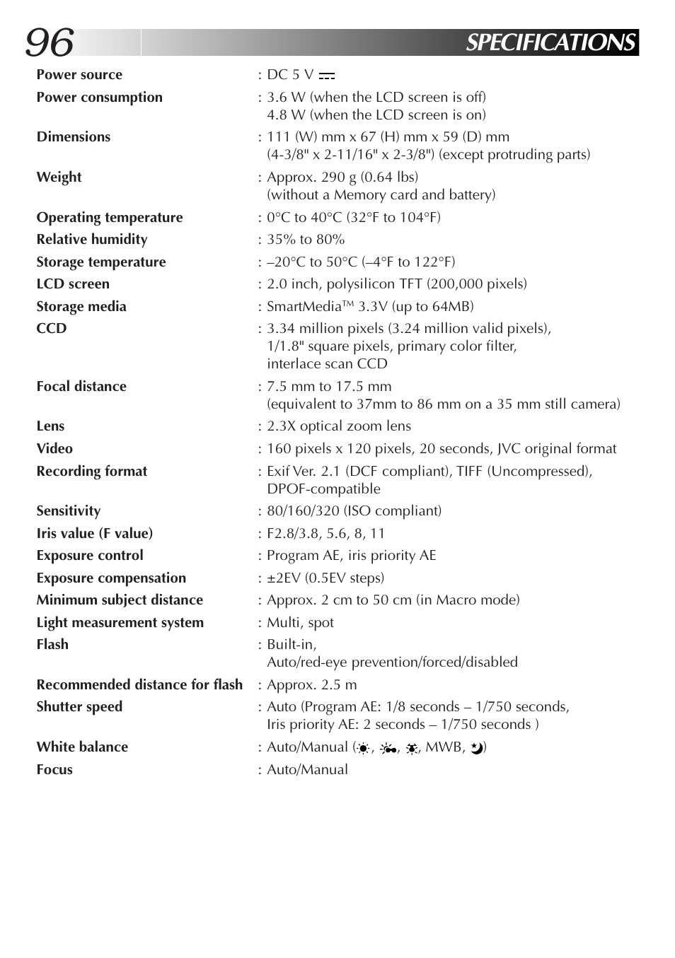 Specifications | JVC GC-QX3HD User Manual | Page 96 / 104