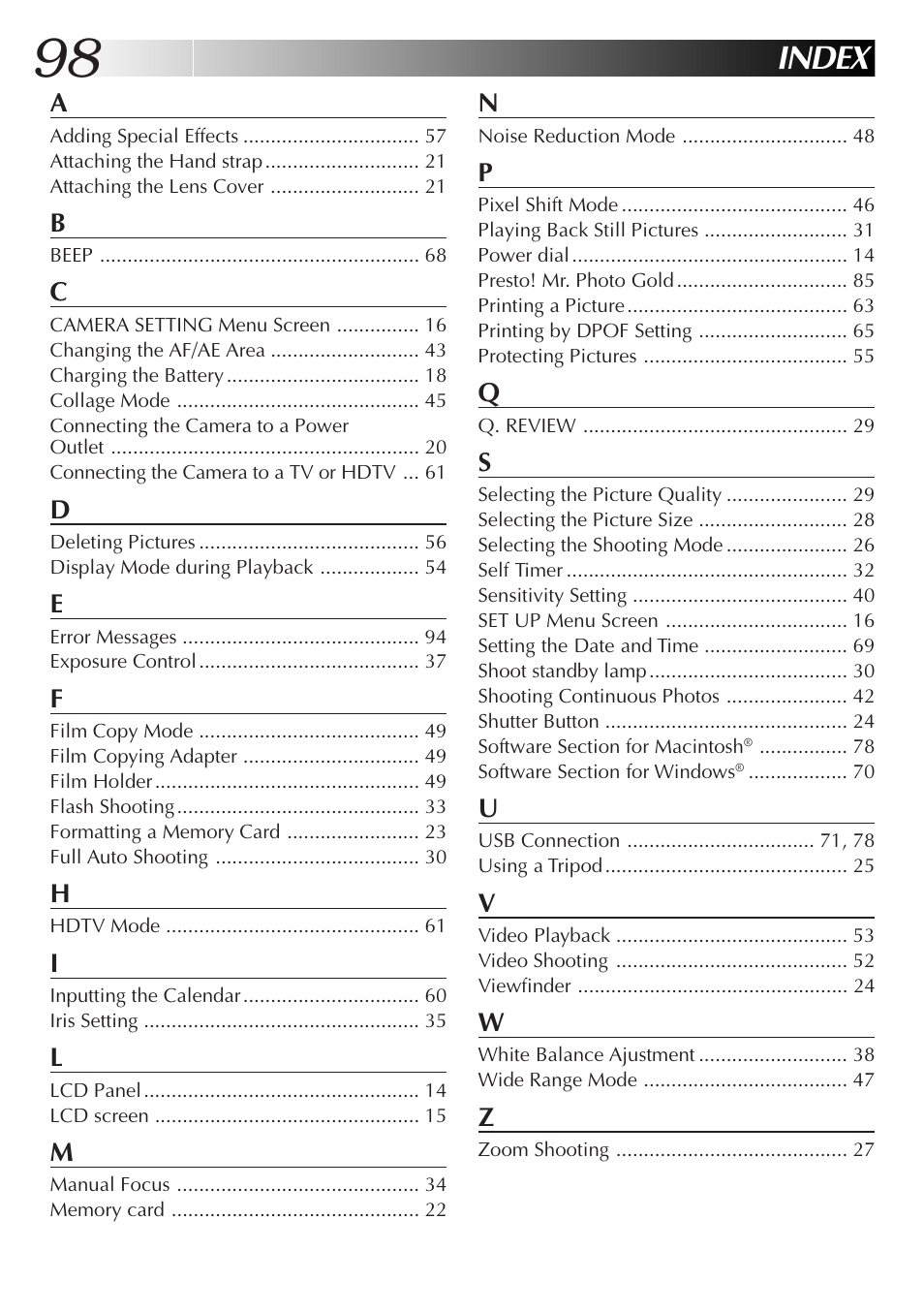 Index | JVC GC-QX3HD User Manual | Page 98 / 104