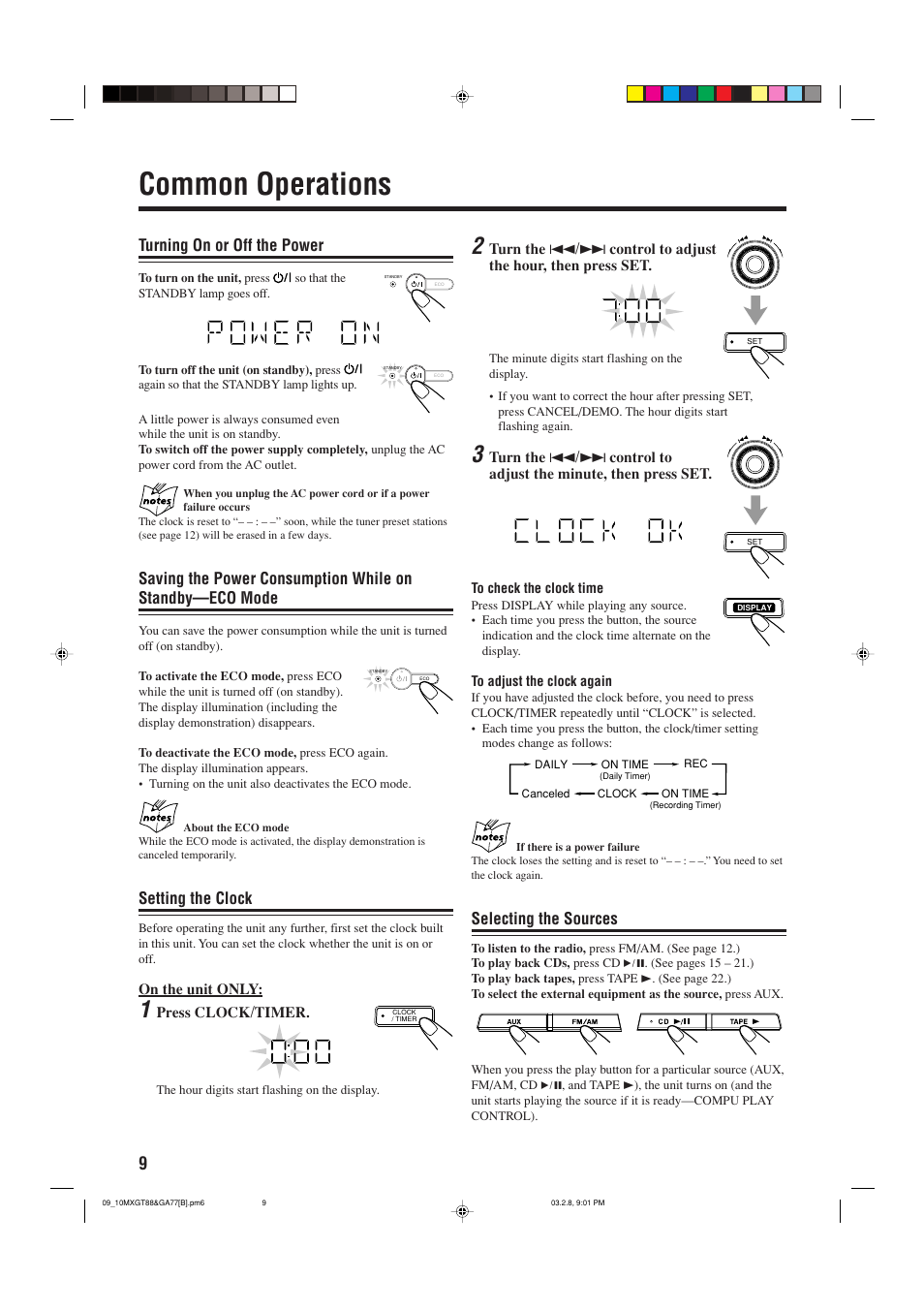 Common operations, Turning on or off the power, Setting the clock | Selecting the sources | JVC CA-MXGA77 User Manual | Page 12 / 42