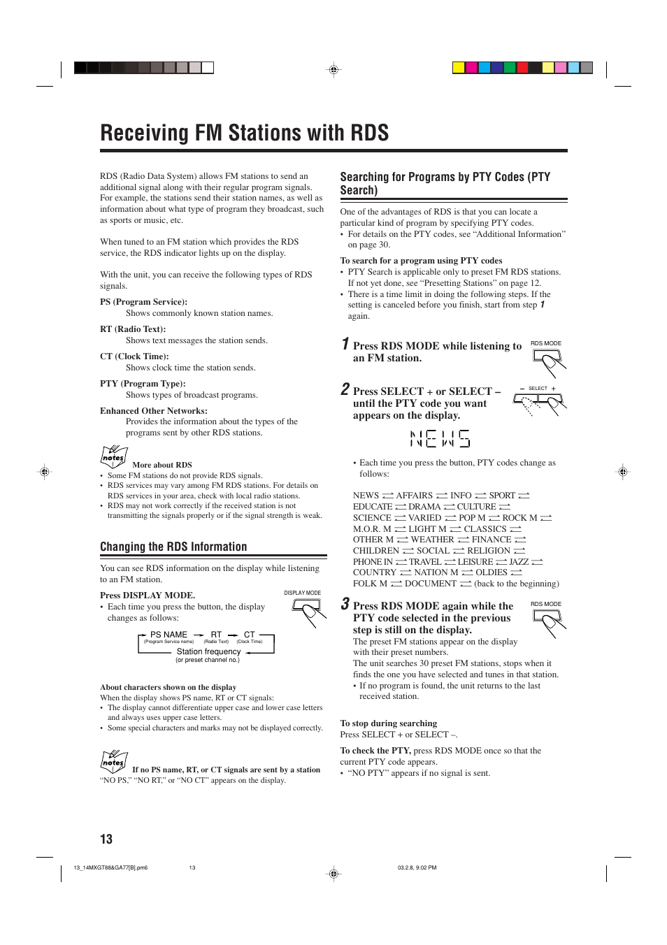 Receiving fm stations with rds, Searching for programs by pty codes (pty search), Changing the rds information | JVC CA-MXGA77 User Manual | Page 16 / 42