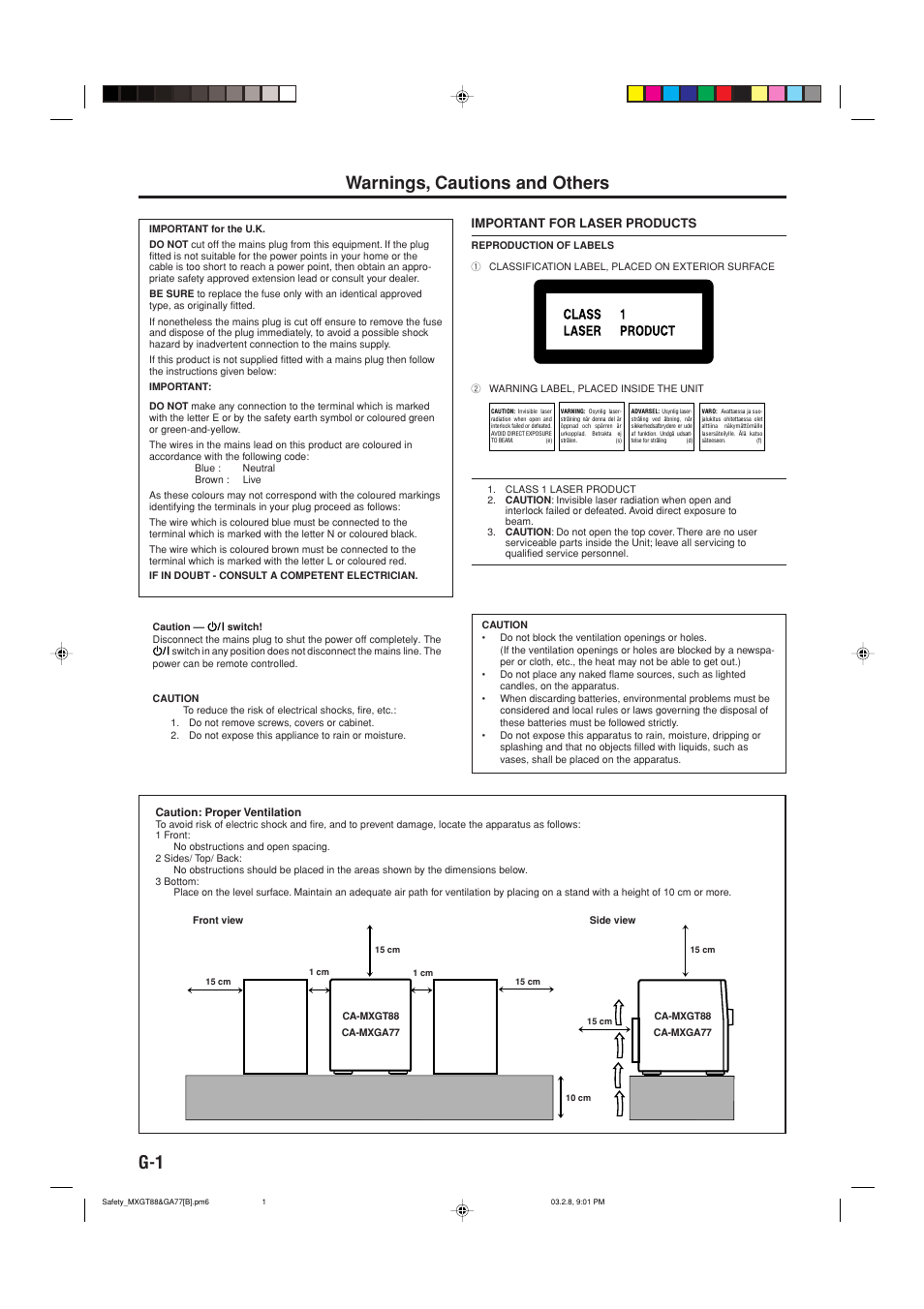 Warnings, cautions and others, G-1 warnings, cautions and others | JVC CA-MXGA77 User Manual | Page 2 / 42