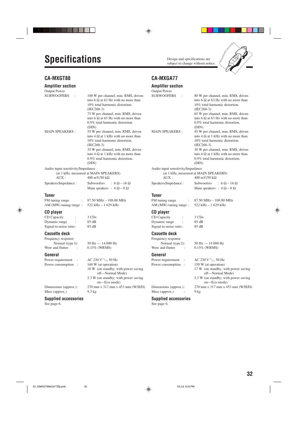 Specifications, Ca-mxga77, Ca-mxgt88 | JVC CA-MXGA77 User Manual | Page 35 / 42