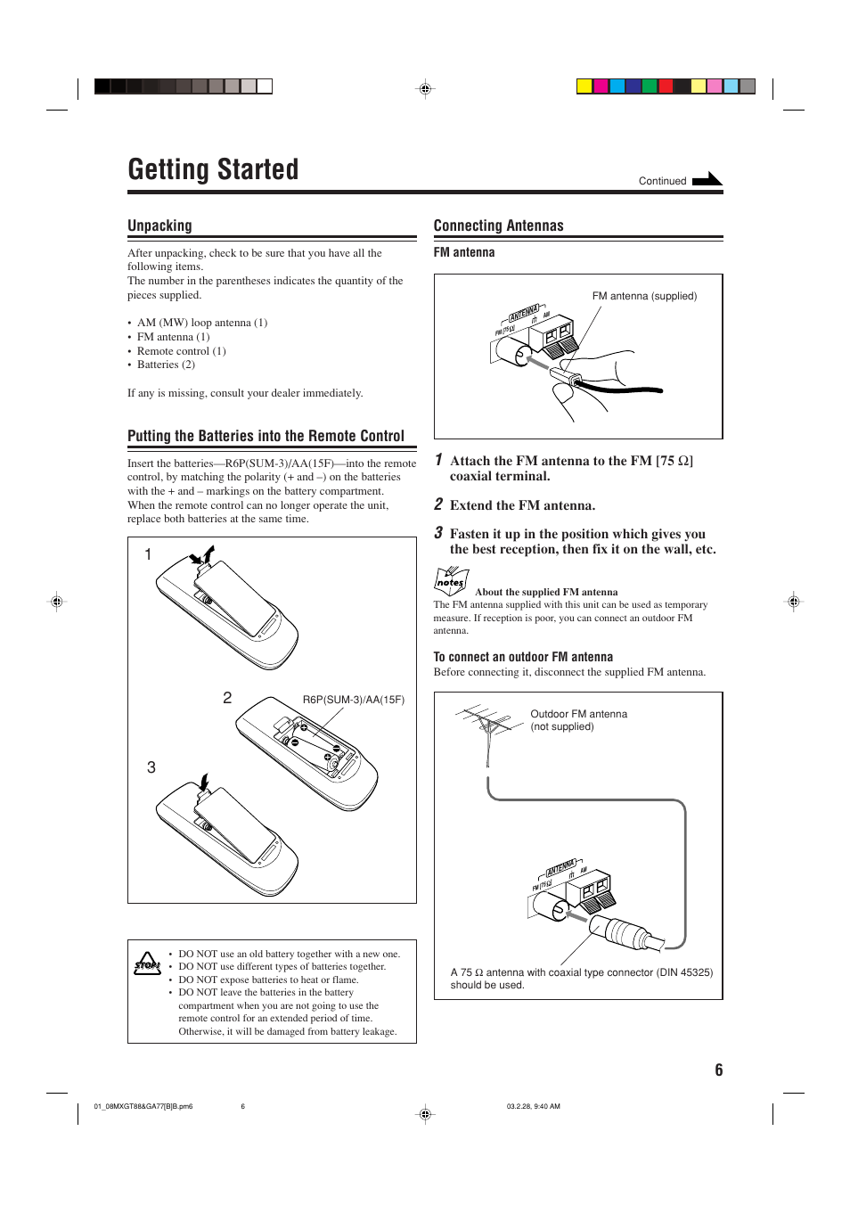 Getting started, Unpacking, Putting the batteries into the remote control | Connecting antennas | JVC CA-MXGA77 User Manual | Page 9 / 42