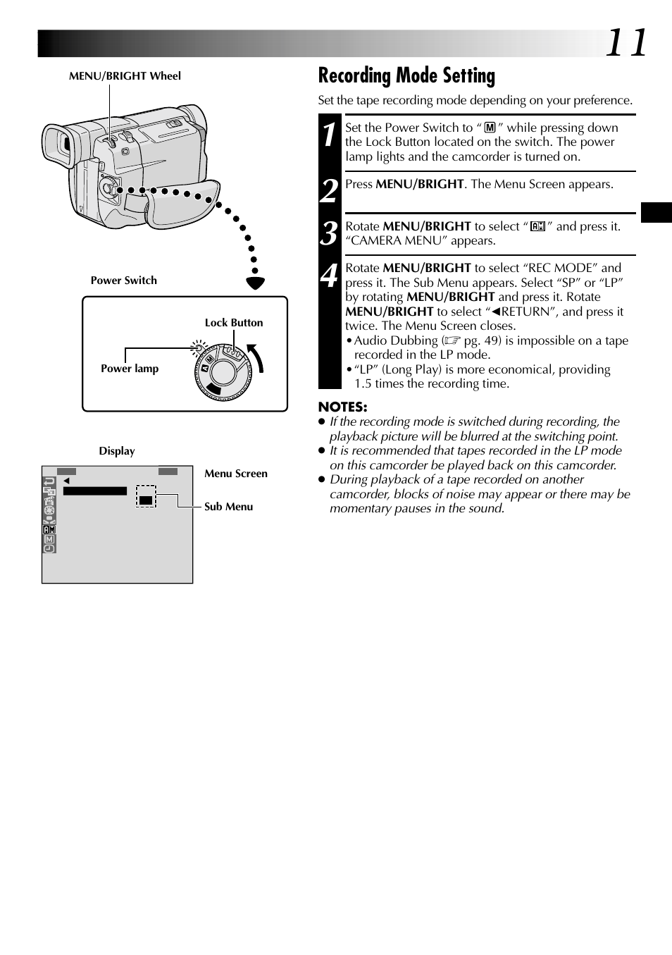 Recording mode setting | JVC GR-DVL105 User Manual | Page 11 / 72