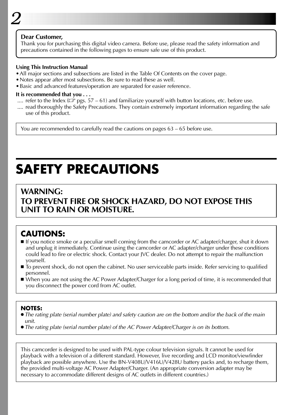 Safety precautions | JVC GR-DVL105 User Manual | Page 2 / 72