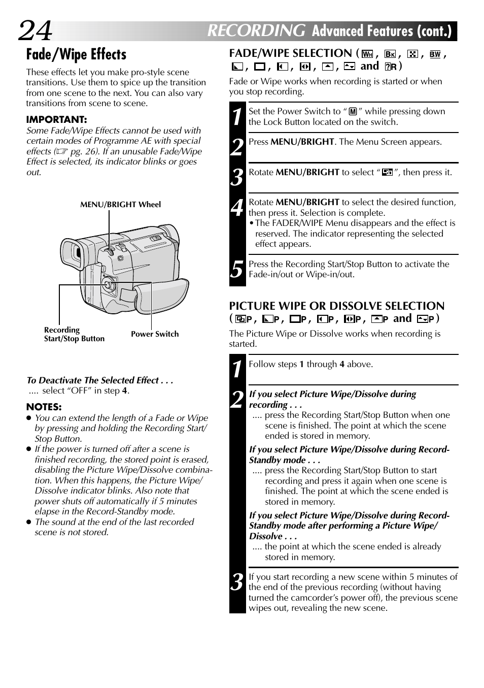 Recording, Advanced features (cont.) fade/wipe effects | JVC GR-DVL105 User Manual | Page 24 / 72