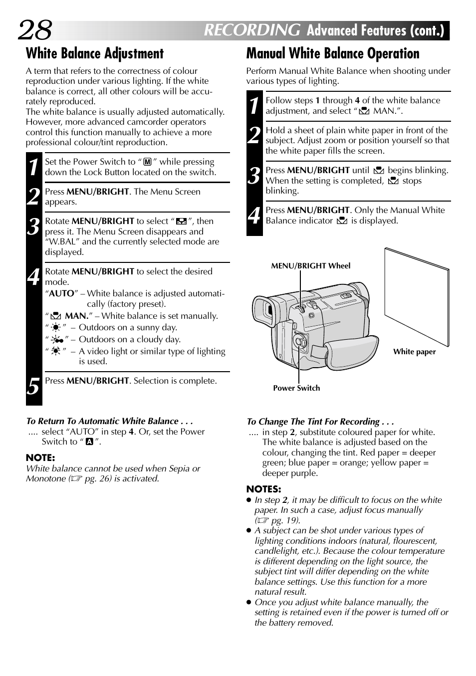 Recording, White balance adjustment, Manual white balance operation | Advanced features (cont.) | JVC GR-DVL105 User Manual | Page 28 / 72