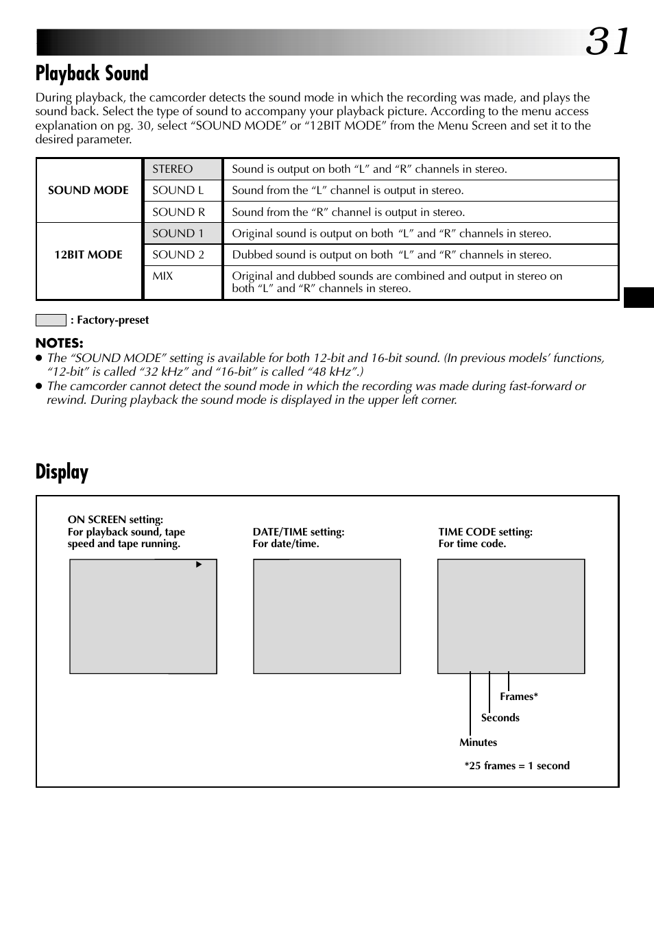 Playback sound, Display | JVC GR-DVL105 User Manual | Page 31 / 72