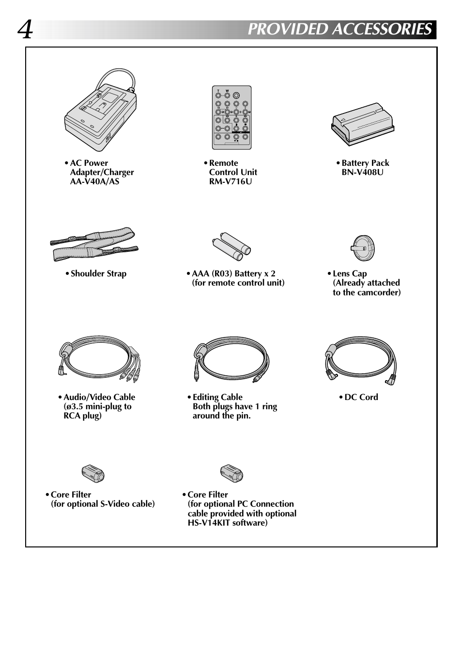 Provided accessories | JVC GR-DVL105 User Manual | Page 4 / 72