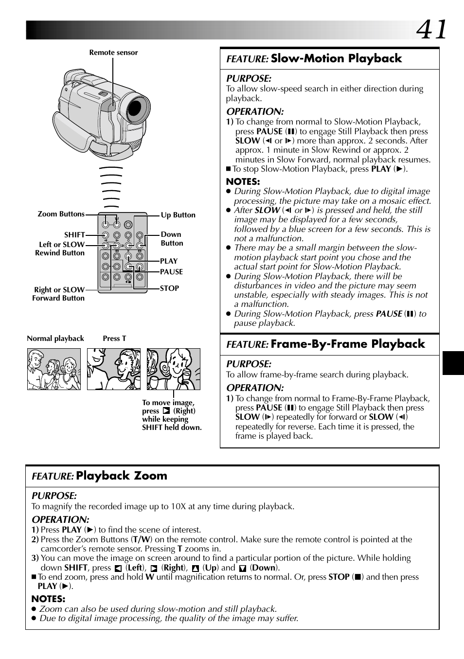 Slow-motion playback, Frame-by-frame playback, Playback zoom | JVC GR-DVL105 User Manual | Page 41 / 72