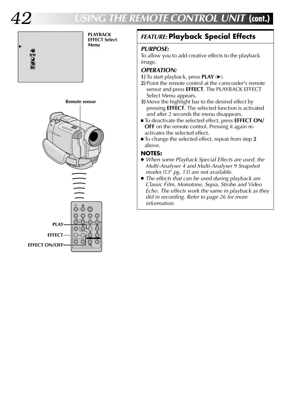 Using the remote control unit, Cont.), Playback special effects | Feature, Purpose, Operation | JVC GR-DVL105 User Manual | Page 42 / 72
