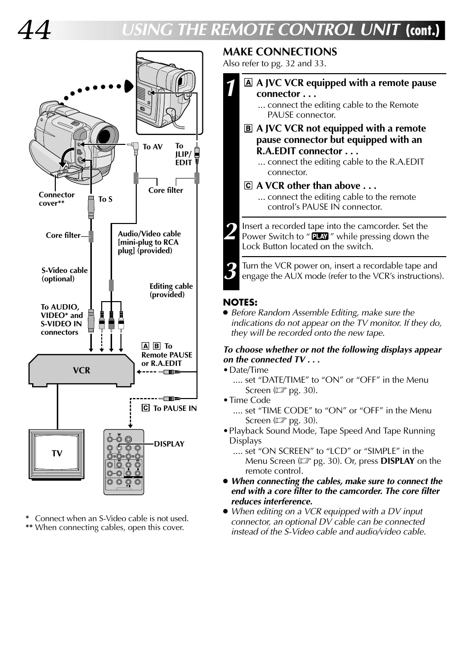 Using the remote control unit, Cont.) | JVC GR-DVL105 User Manual | Page 44 / 72