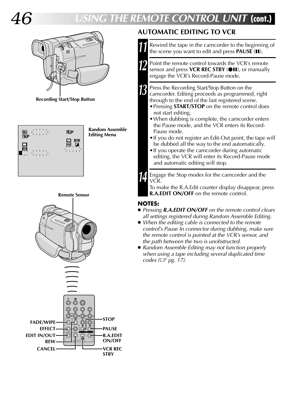 Using the remote control unit, Cont.), Automatic editing to vcr | JVC GR-DVL105 User Manual | Page 46 / 72