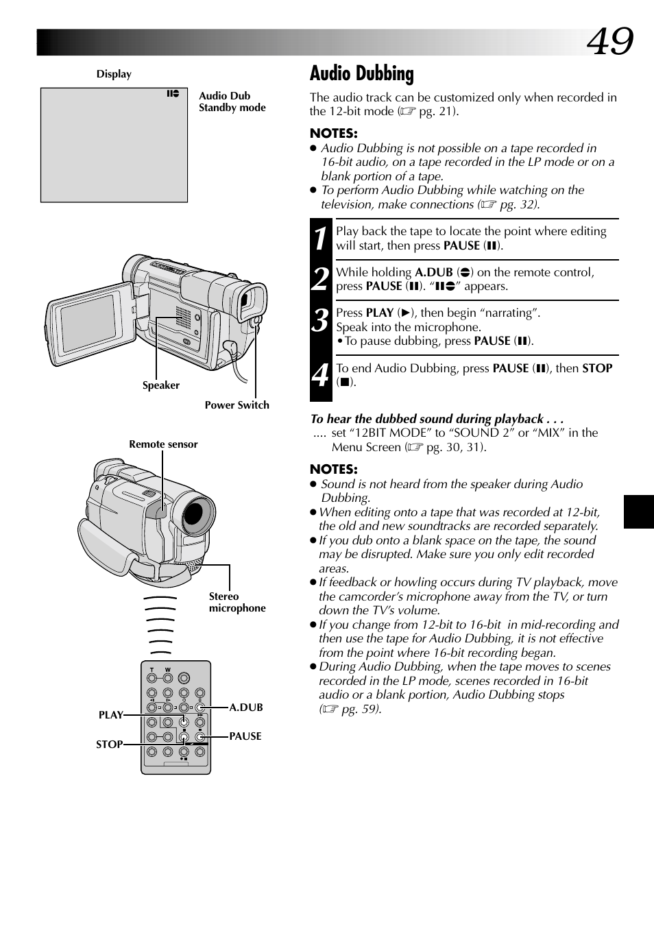 Audio dubbing | JVC GR-DVL105 User Manual | Page 49 / 72