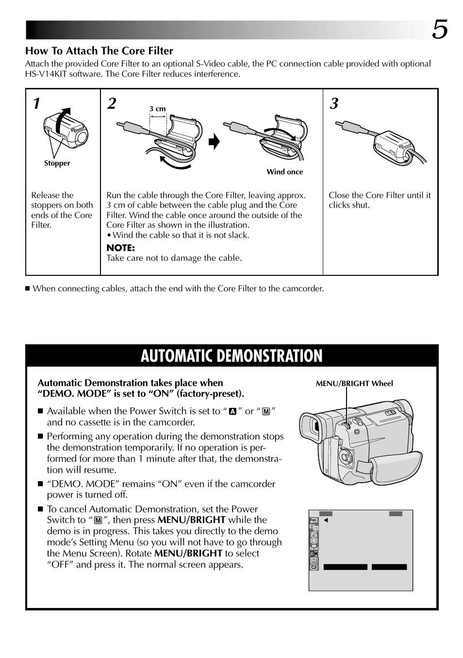 Automatic demonstration, How to attach the core filter | JVC GR-DVL105 User Manual | Page 5 / 72