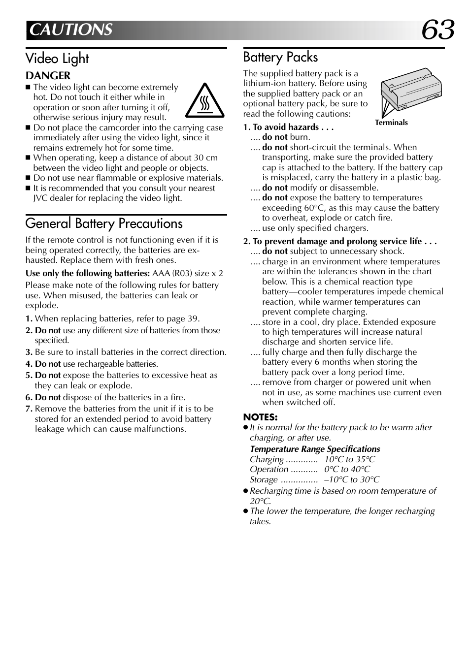 Cautions, Video light, General battery precautions | Battery packs | JVC GR-DVL105 User Manual | Page 63 / 72