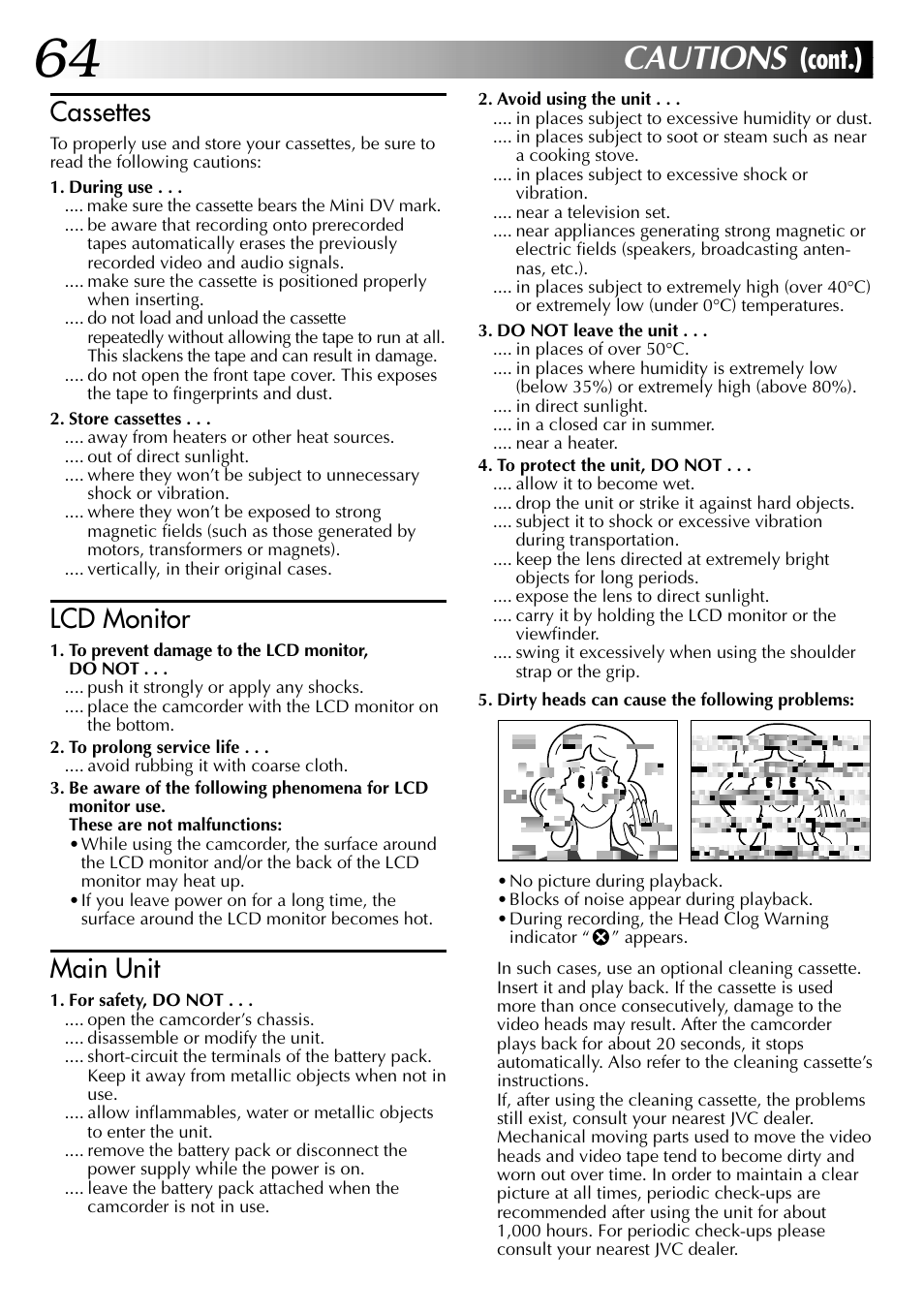 Cautions, Cont.), Cassettes | Lcd monitor, Main unit | JVC GR-DVL105 User Manual | Page 64 / 72