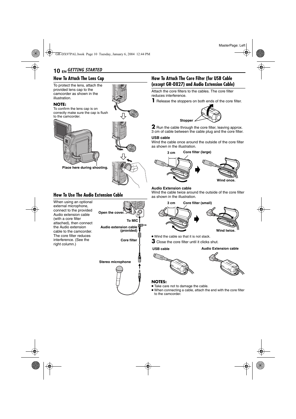 How to attach the lens cap, How to use the audio extension cable, Pg. 10 f | P (੬ pg. 10 f | JVC GR-DX28 User Manual | Page 10 / 52