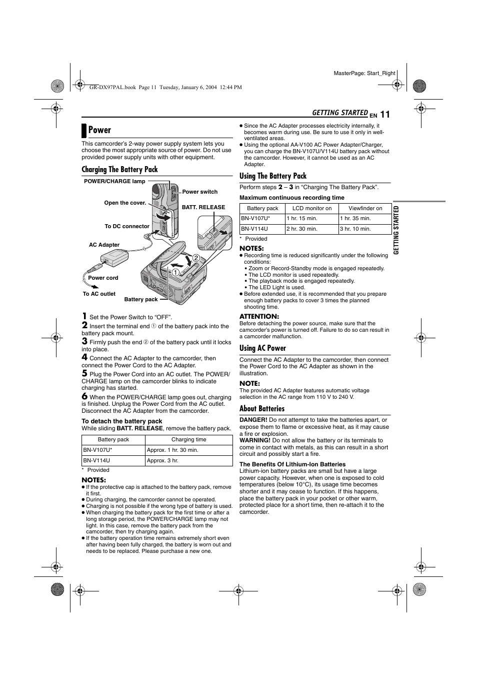 Power, Charging the battery pack, Using the battery pack | Using ac power, About batteries, Pg. 11), Mp (੬ pg. 11, 15 | JVC GR-DX28 User Manual | Page 11 / 52