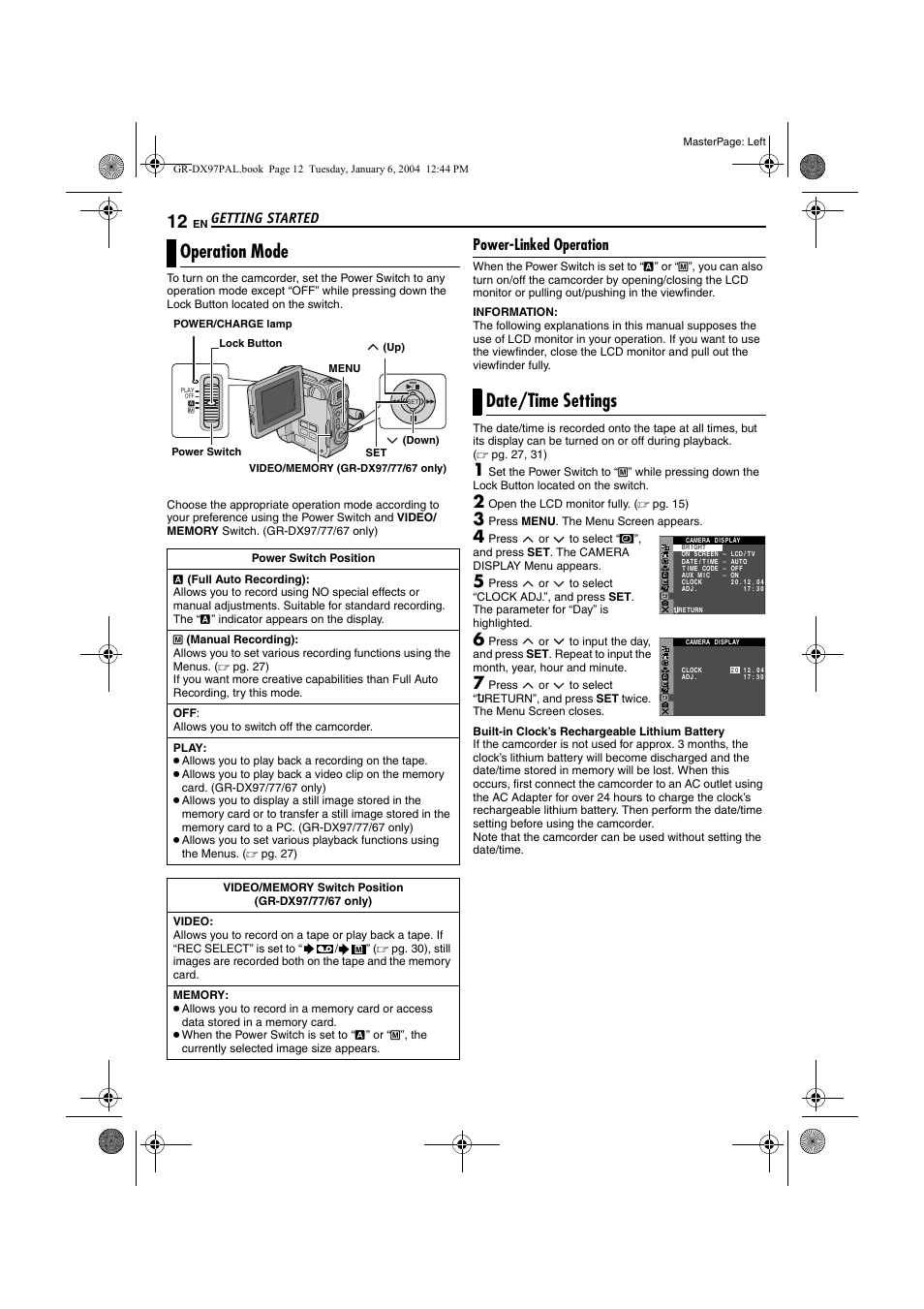 Operation mode, Power-linked operation, Date/time settings | Operation mode date/time settings, Pg. 12), Getting started, Open the lcd monitor fully. ( ੬ pg. 15), Press menu . the menu screen appears | JVC GR-DX28 User Manual | Page 12 / 52