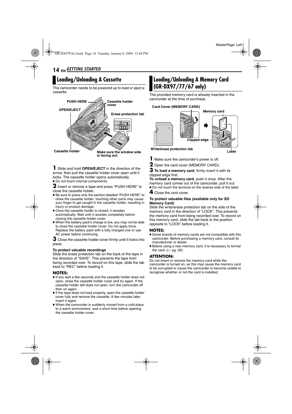 Loading/unloading a cassette, Only), Pg. 14) | JVC GR-DX28 User Manual | Page 14 / 52